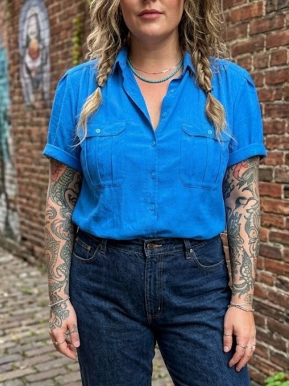 Yves St. Clair Vintage 80s Blue Safari Blouse Plus Size Shoulder Pads Career Top